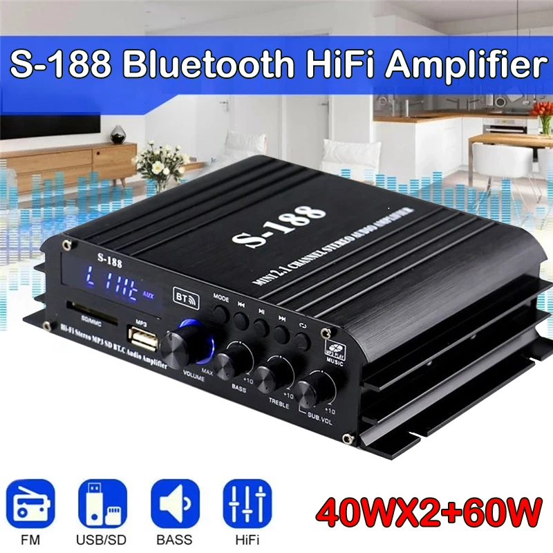 

S-188 Bluetooth Stereo HiFi Amplifier 2.1 Channel Audio Power Amplifier Bass Treble Control 40W×2+60W Amp Audio Amplificador