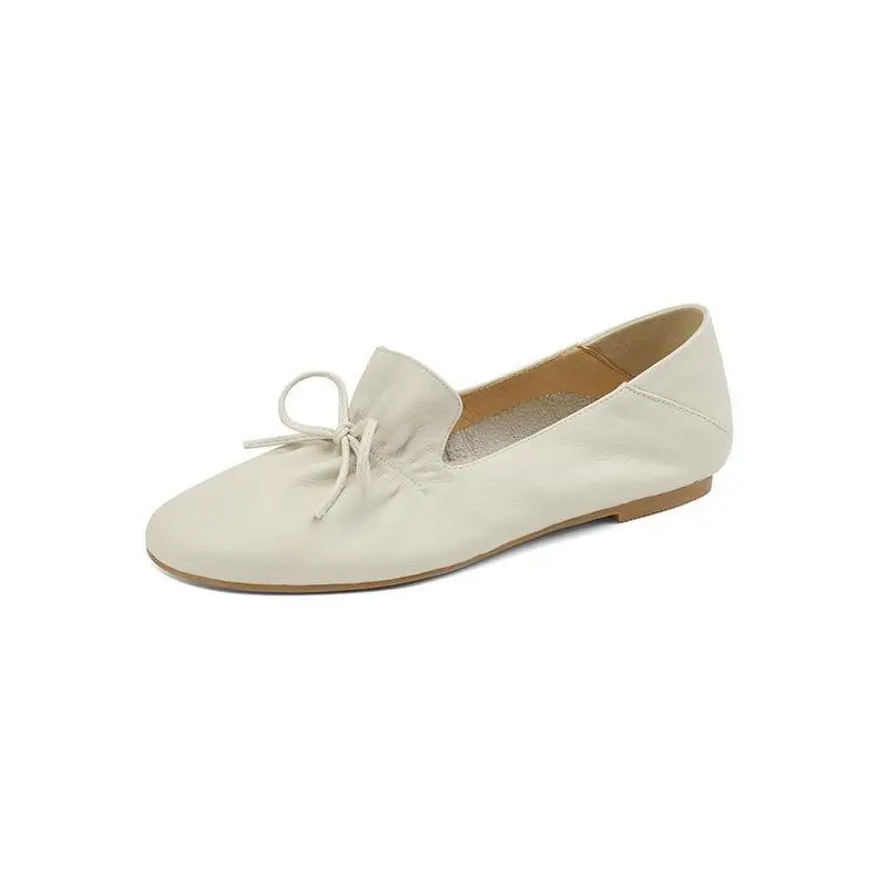 Genuine leather loafers 2024 spring/summer new flat bottomed round toe bow single shoe for women
