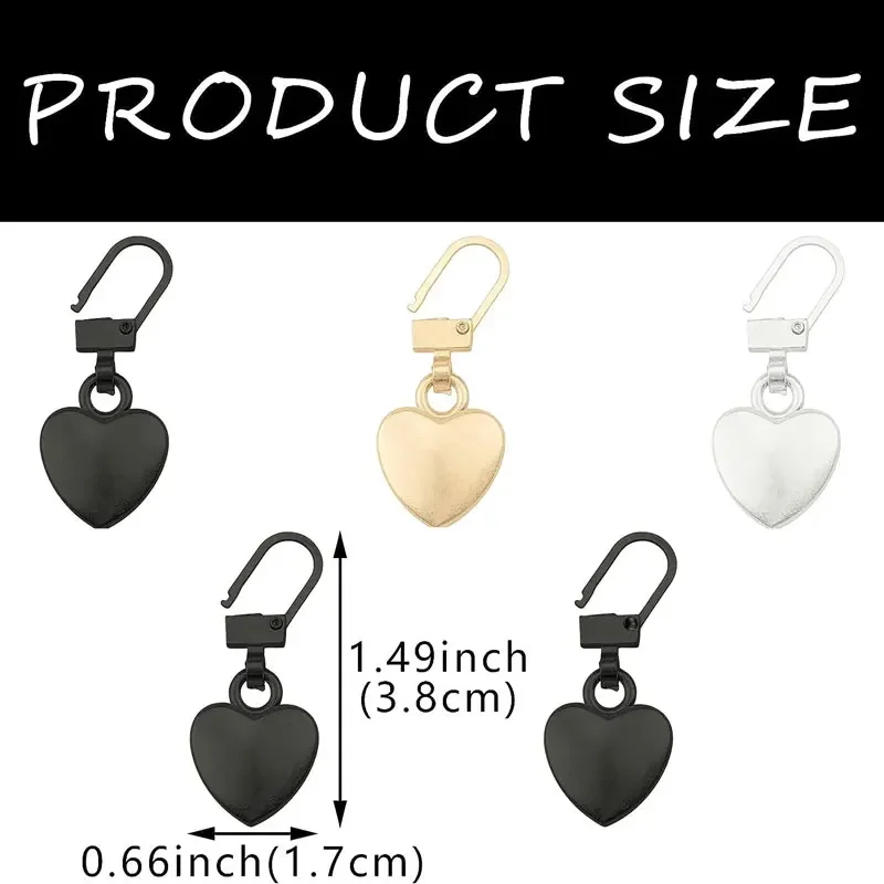 Zipper Pullers 5Pcs Detachable Metal Heart Shaped Universal For Clothing Jackets Backpack Shoes