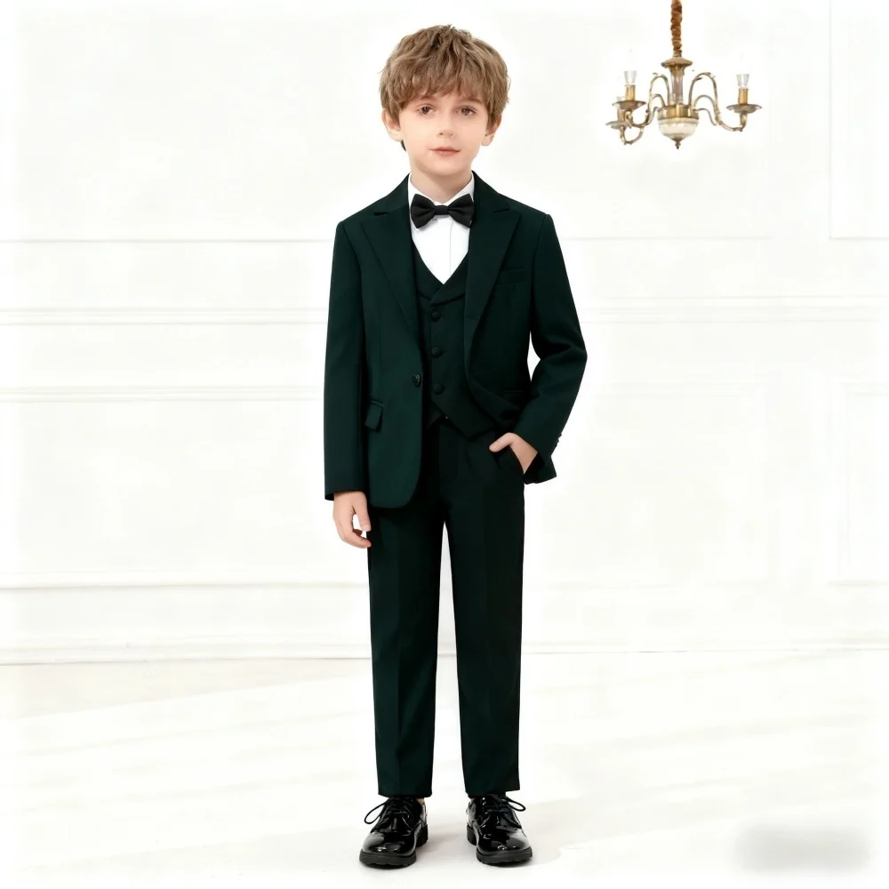Handsome Black Boy's 4-Piece Tuxedo Set Blazer Vest Pants Stylish Kids Formal Outfit For Wedding Photo Shot Party Prom Ceremony