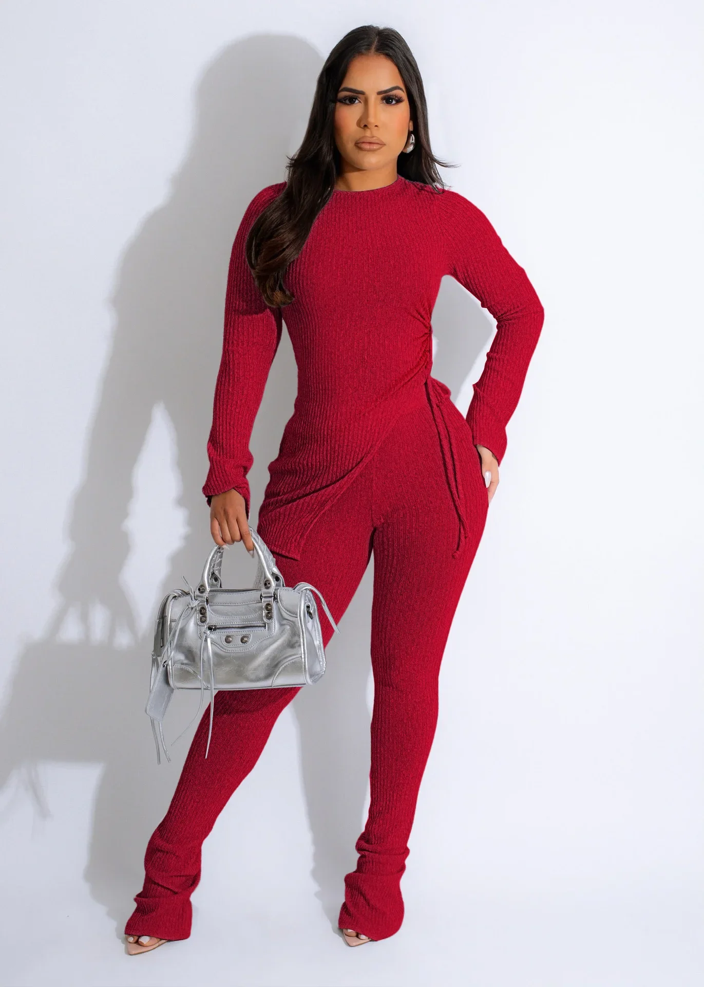 Knit Screw Thread 2 Piece Sets Women Outfit Solid Asymmetrical Lace Up Hollow Out Top Suit Fall Winter Casual Skinny Pant Sets