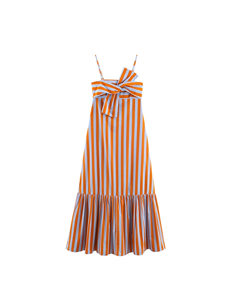 TFMLN Robe longue chic pour femme, imprimé rayures, sans manches, avec nœud sur le devant, coupe ample, dos nu, idéale pour les vacances
