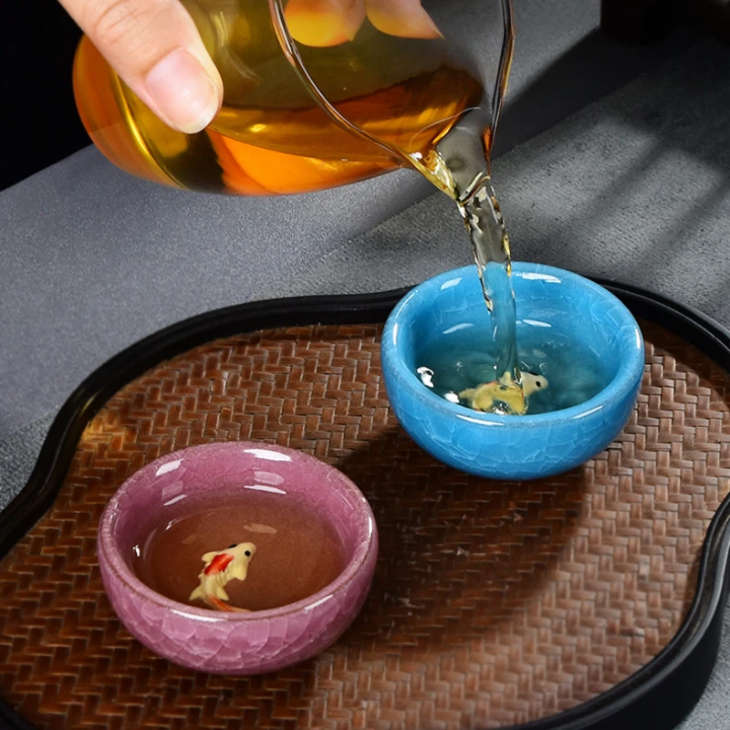Ice Crackle Fish Teacup Ceramic Kung Fu Tea Set Master Single Cup Tea Sipping Ware Vintage Kiln Change Teaware Accessories Gifts