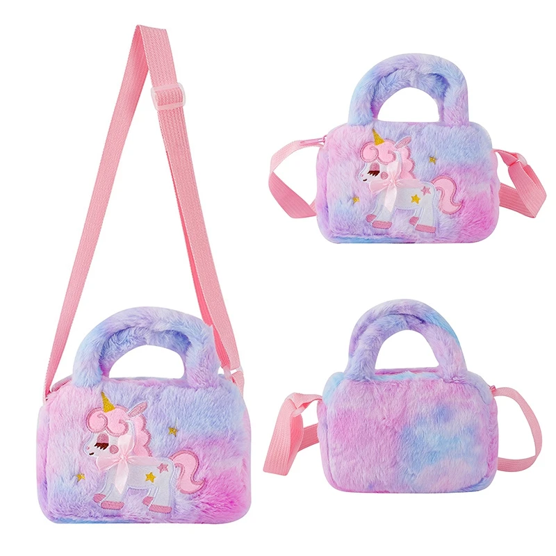 NEW Children Plush Handbag Unicorn Soft Fur Shoulder Bags Winter School Purse Cartoon Animal Fashion Totes Kids Belts Pouch