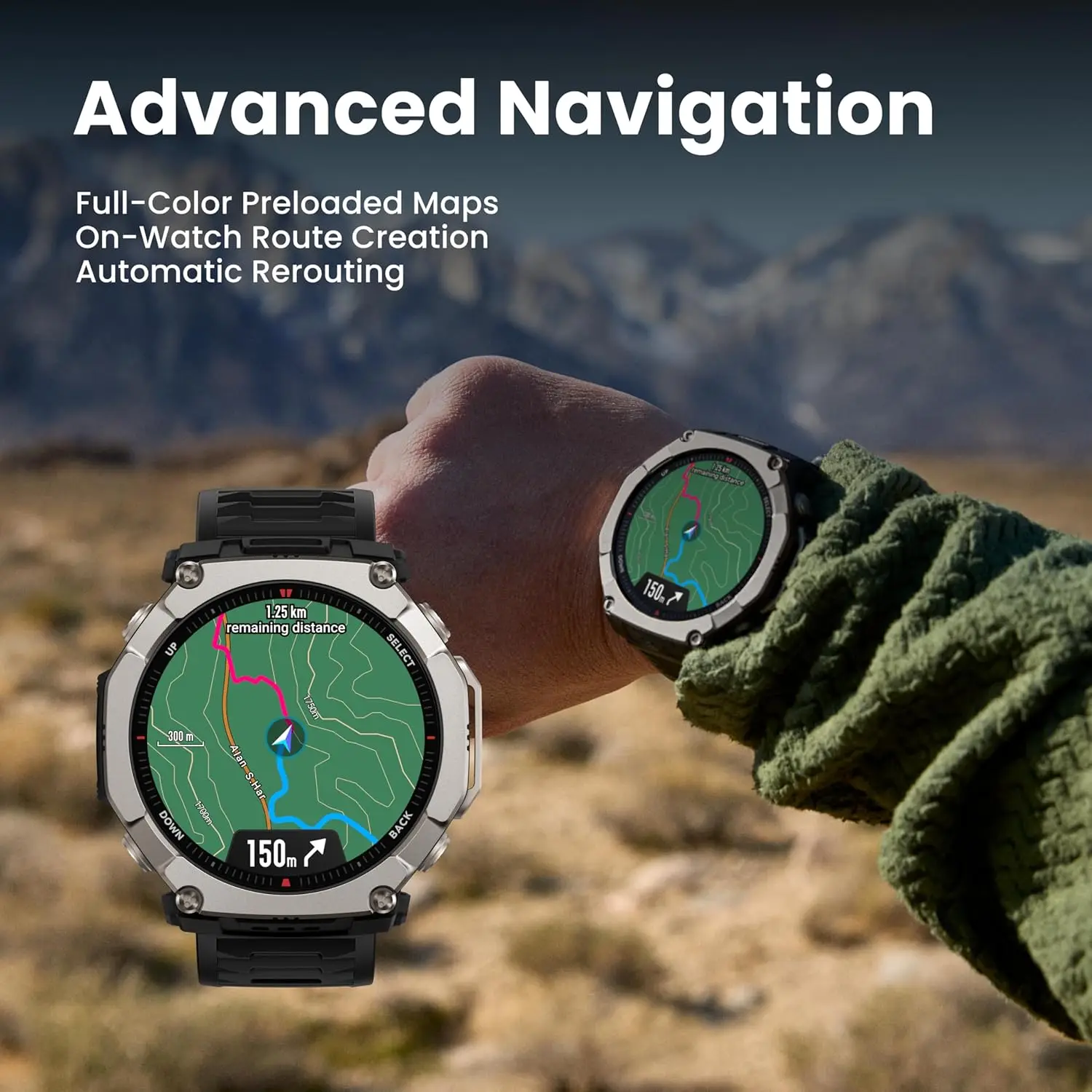 Amazfit T-Rex Ultra 2 Smartwatch para atividades ao ar livre, Corpo em titânio de 51 mm, Tela AMOLED de safira de 1,5'', GPS de banda dupla, Lanterna, 30 dias de bateria, Mapas offline, 10 ATM, 180+ modos esportivos
