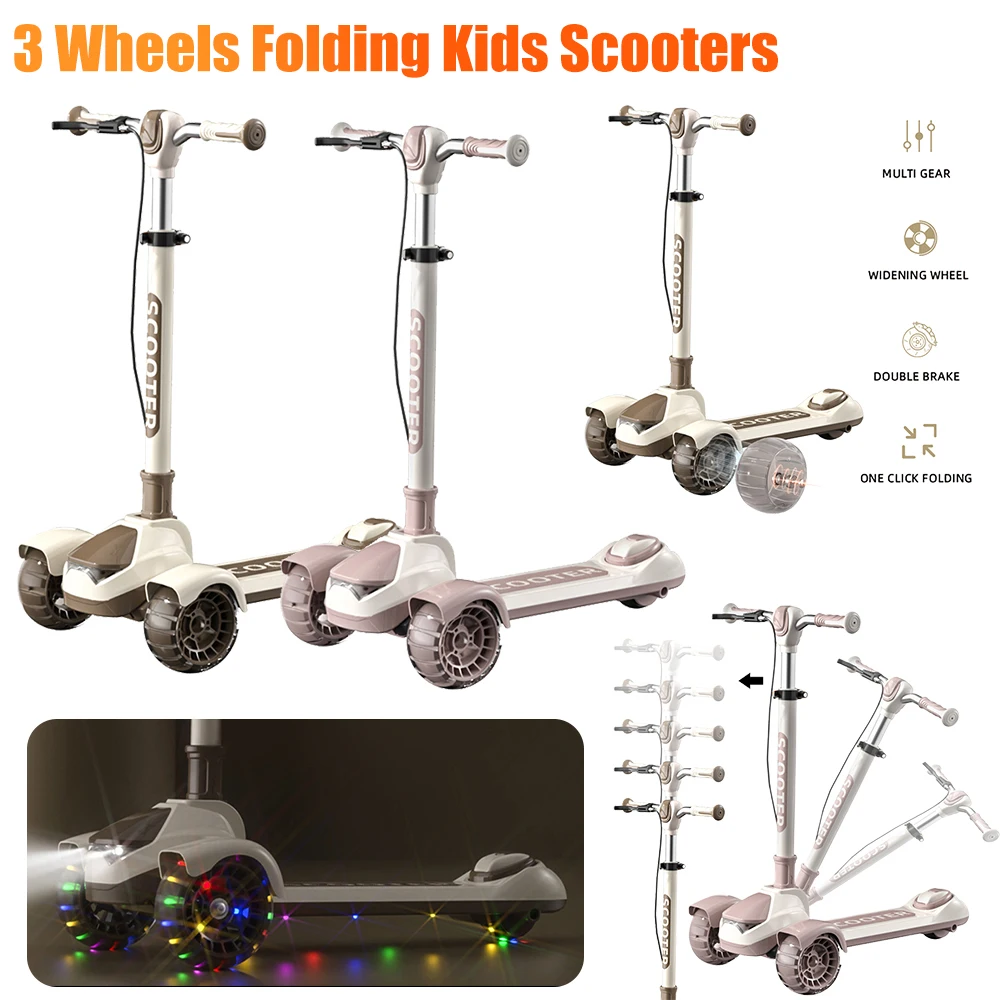 Children Scooter Folding Scooter Foldable Kick Scooter For Children's 3 Wheels Folding Foot Scooters LED Glitter Balance Bike Adjustable Height One-pedal Scooter