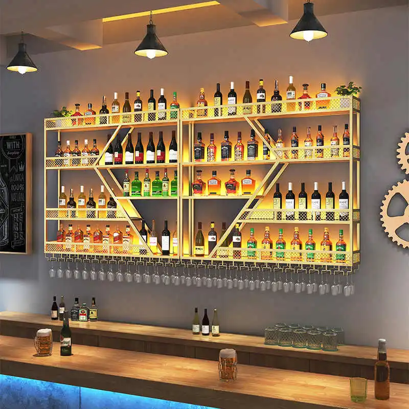 Wood Panel Wall-mounted Wine Rack Display Wrought Iron Wine Cabinet Metal Pine Hot Selling Solid Lighted for Bar & Restaurant