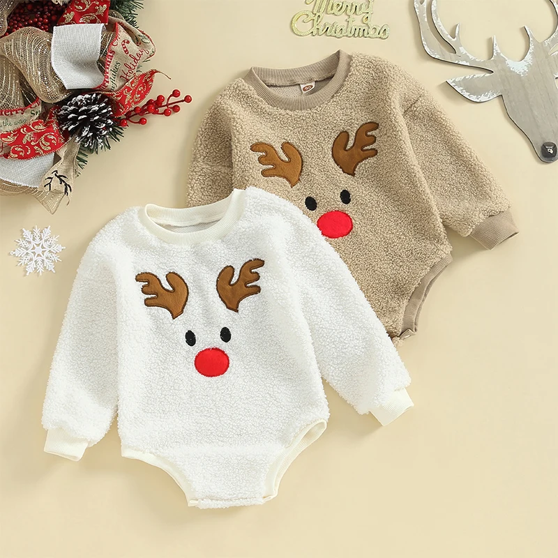 

2023-09-07 Lioraitiin 0-24M Baby Boys Girls Christmas Rompers Long Sleeve O-Neck Reindeer Embroidery Fleece Jumpsuits Bodysuits