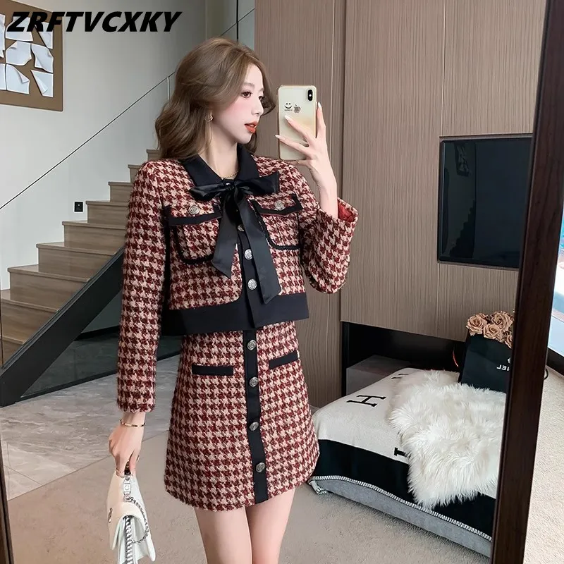 

2023 Small Fragrance Tweed Two Piece Set Women Retro Houndstooth Coat+Mini Skirt Suits Korean Autumn Winter Ladies Outfits