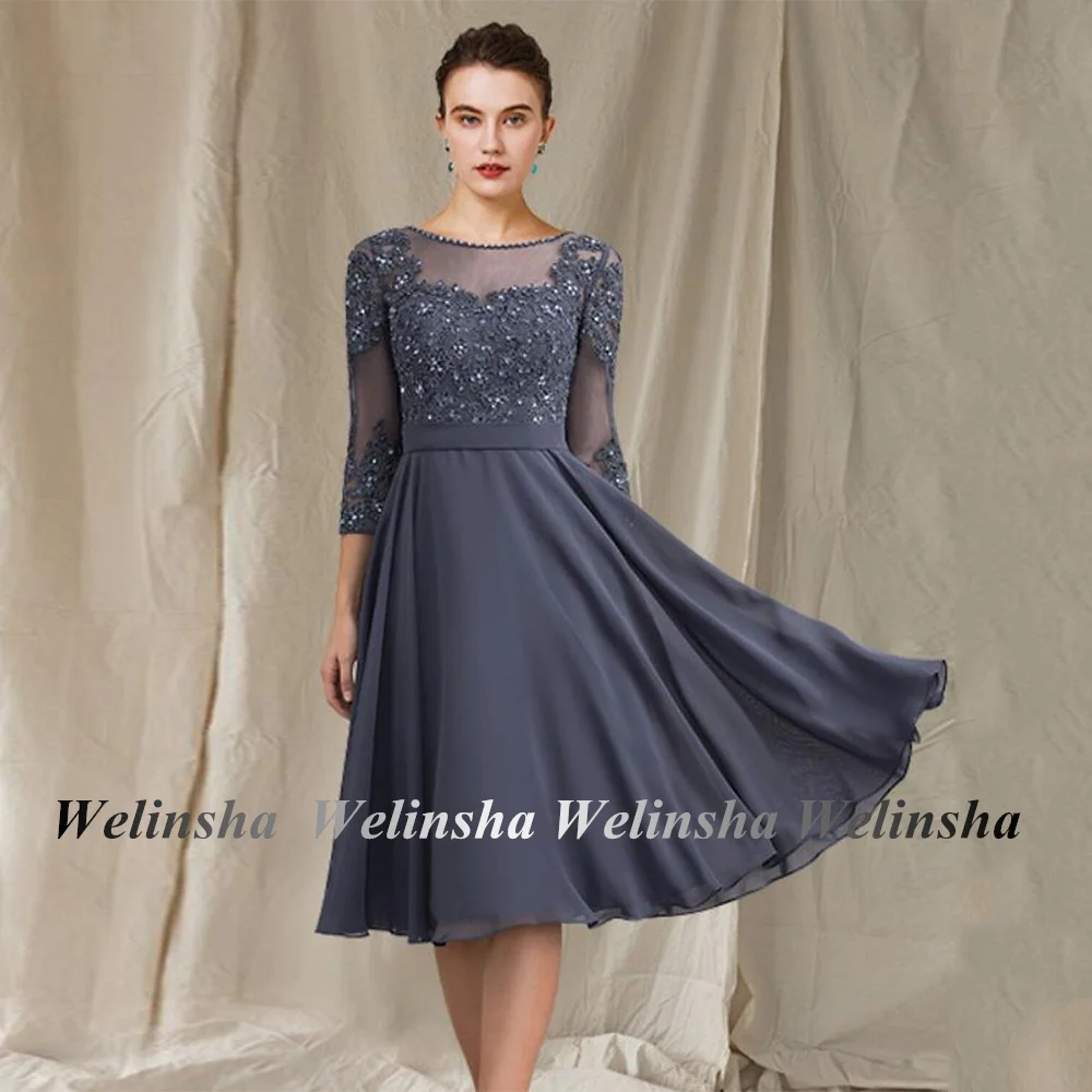 

Короткое платье для матери невесты, шифоновое платье-трапеция до колена с рукавами 3/4, бусинами и круглым вырезом, с аппликацией, для гостей свадьбы