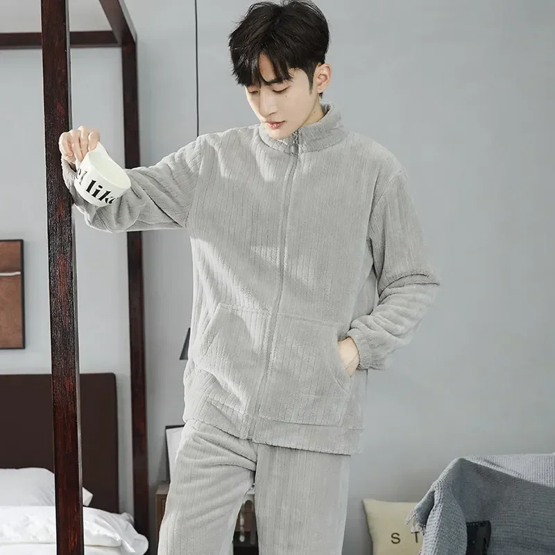 Pigiama Autunno Cardigan Ispessimento Lounge Button Sleep Casual Sleepwear Flanella Da Uomo Winter Pijama Grey Set Pigiama