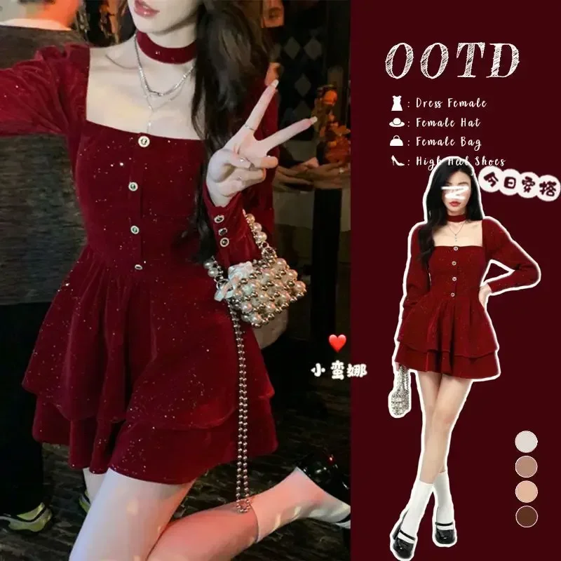 

Autumn Winter Christmas Red Gold Elegant Velvet Dresses for Women Vintage Square Collar Sexy Mini Dress Birthday Party Y2k Dress