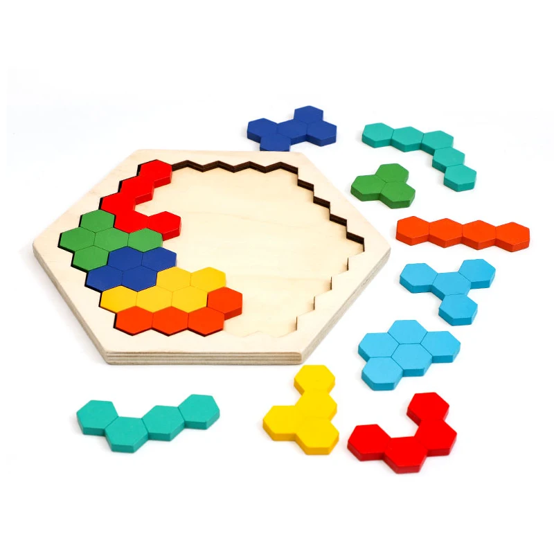 Wooden Hexagon Puzzle Geometric Tangram Jigsaw Shape Pattern Block Brain Teaser Toy Color Recognition Logic IQ Montessori Toy 4