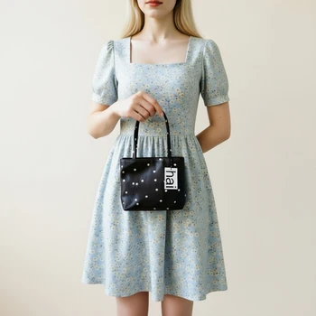 Borsa Tote Vintage Chic a Pois e Righe |   Borsa a tracolla quadrata da donna in morbida seta satinata |   Borsa Casual Retrò per il Pendolarismo Quotidiano