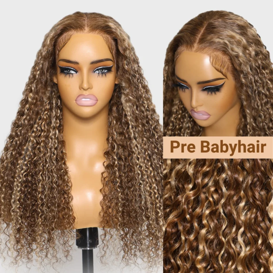 Medus blondi mati ar izcēlumiem, Jerry Curly 13x4 Pre Everything frontālā parūka, cilvēka matu parūkas pirms izplūkšanas sievietēm_voghion.com