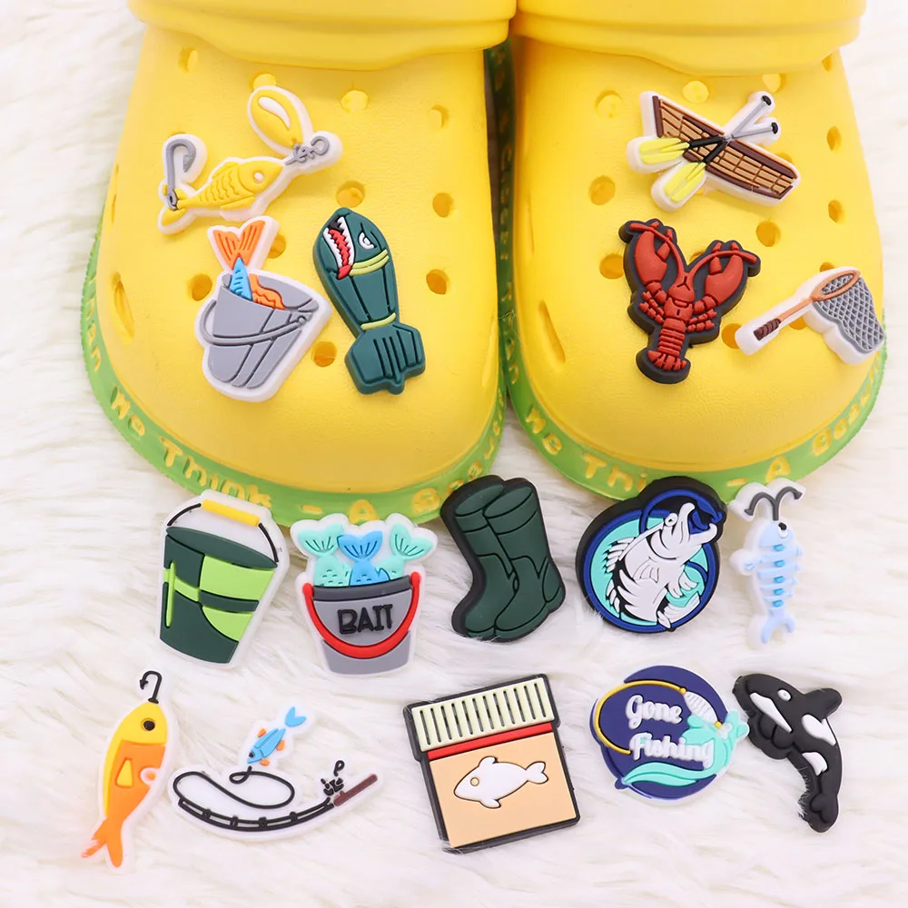 1Pcs Shoe Charms Fish Whale Lobster Bucket Fishing Rod PVC Accessories  Sandals Shoes Buckle Decoration For Kids Birthday Gift