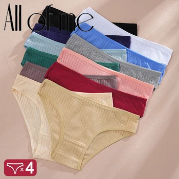 4PCS/SET Women's Cotton Panties Sexy Soft Striped Underpants Solid Color Briefs Female Comfortable Stretch Lingerie M-XL