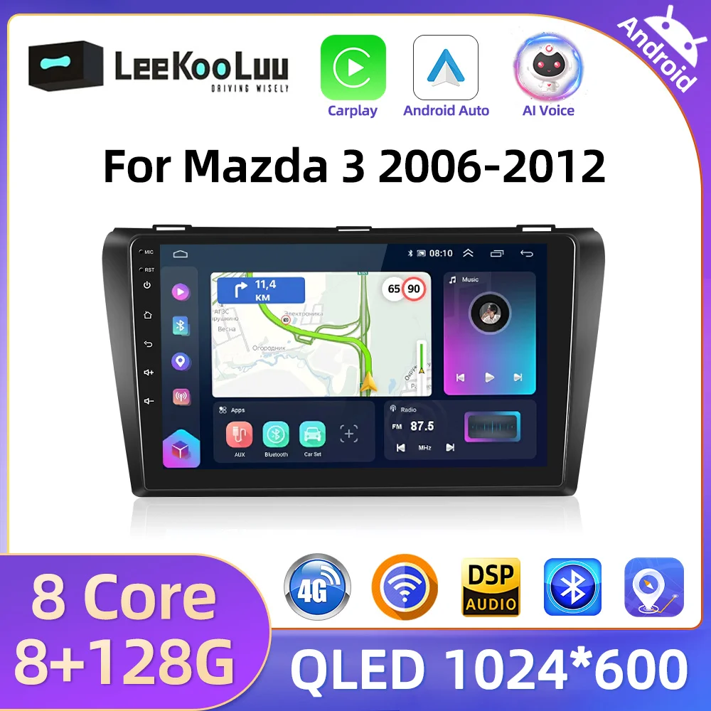 Leekooluu 8 + 128G Carplay Android Auto Radio Per Mazda 3 2006-2012 Car Video Multimedia Player 2 Din Autoradio 4G Wifi Gps Dsp