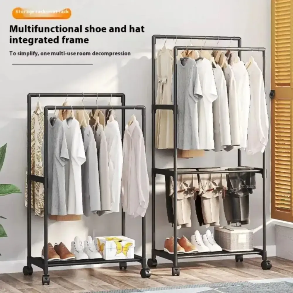 Clothes Rack Coat Rack Movable Double Clothes Shelf Simple Rod Floor-Standing Bedroom Telescopic Floor Hangers Storage