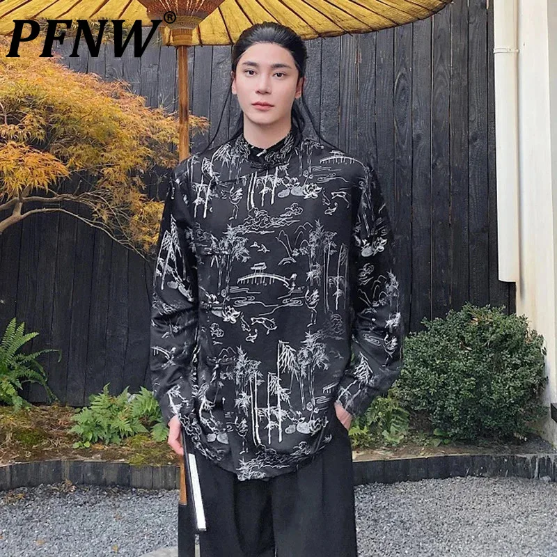 

PFNW Spring Summer Shirt New Chinese Style Stand Neck Frog Long Sleeve Men's Shirts Single Breasted Printing 2024 Fashion 9C5405