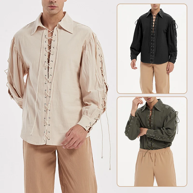 

Gothic Retro Lace Up Men Shirts Bandage Long Sleeve Tops Renaissance Costume Medieval Steampunk Loose Shirts Drama Stage Costume