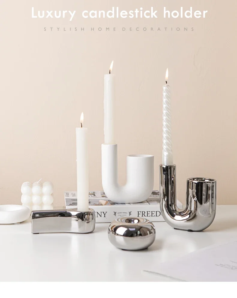 Description Picture 2 of itemLuxury Electroplating Silver Candlestick Holder,Modern Living Room Office Art Decoration,Creative Ceramic Cylinder Candle Holder