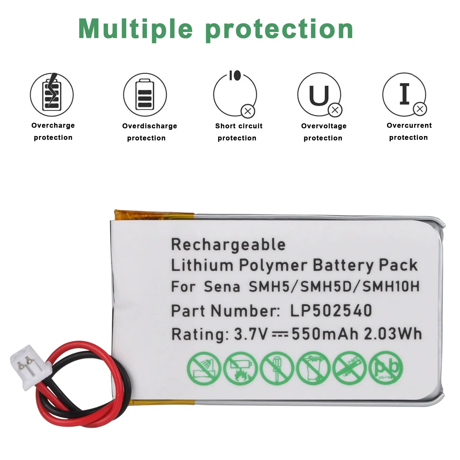 Per Batteria Sena Smh5, Batteria Di Ricambio 3.7V 550Mah Per Auricolare Bluetooth Sena Smh5 Smh5D Smh10H