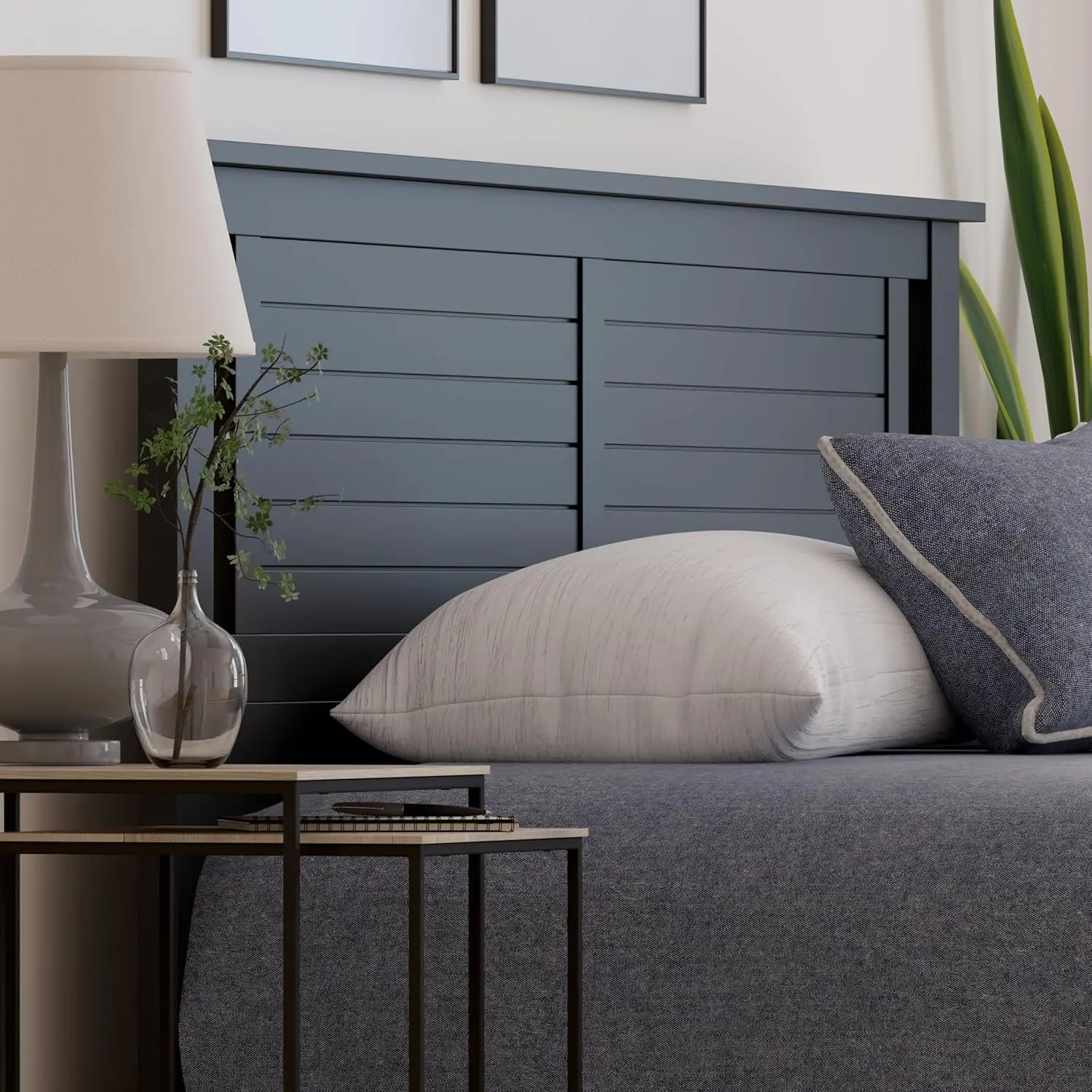 Serene Poplar Wood King Headboard, Modern Farmhouse Panel with Horizontal Scoring, King Size Headboard in Black, Casual Coastal