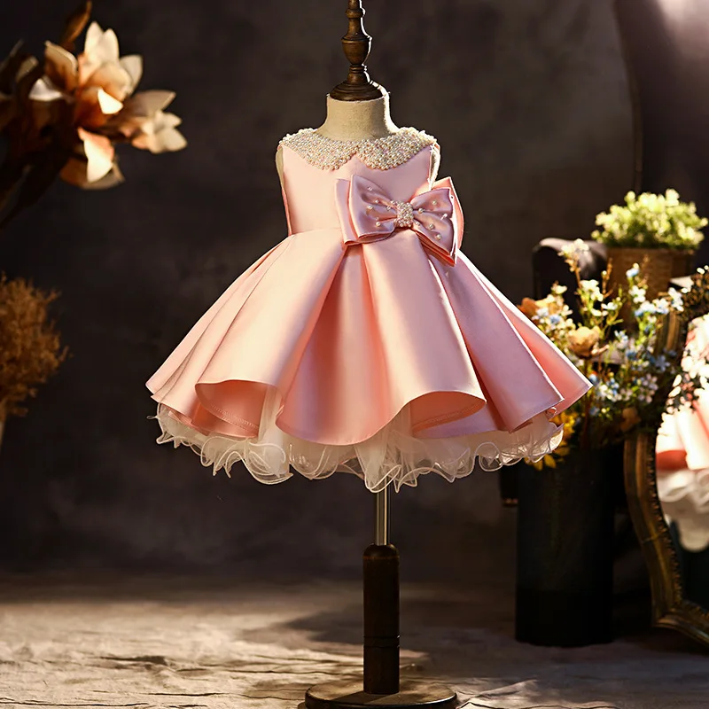 White Satin Flower Girl Dresses For Wedding Pearls Puffy With Bow Cute Party Kids Baby Pageant Birthday Ball Gowns Dress 2024 2