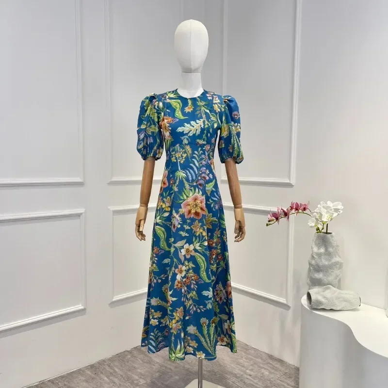 

2023 Summer Autumn Vintage Blue Botanic Flowers Printed Short Sleeve Midi Dress Women Fashion Clothes