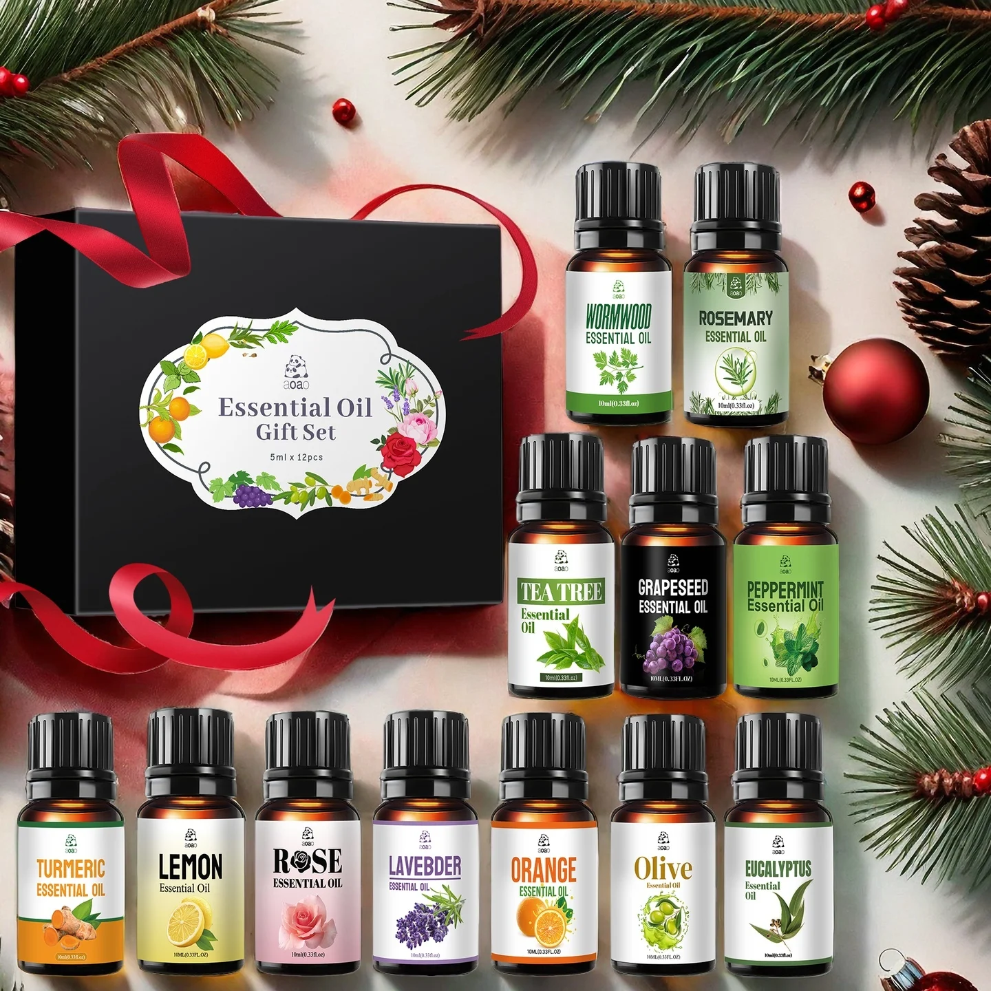 Set di 12 oli essenziali per la cura della pelle - Include lavanda, menta piperita, rosa, tea tree, arancia, limone, ecc. Set regalo natalizio.