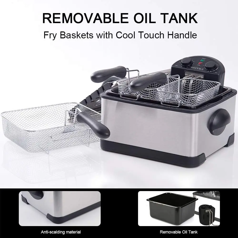 NEW 1700-Watt Stainless-Steel Triple Basket Electric Deep Fryer with Timer Free Extra Odor Filter, 4L/17-Cup,Silver