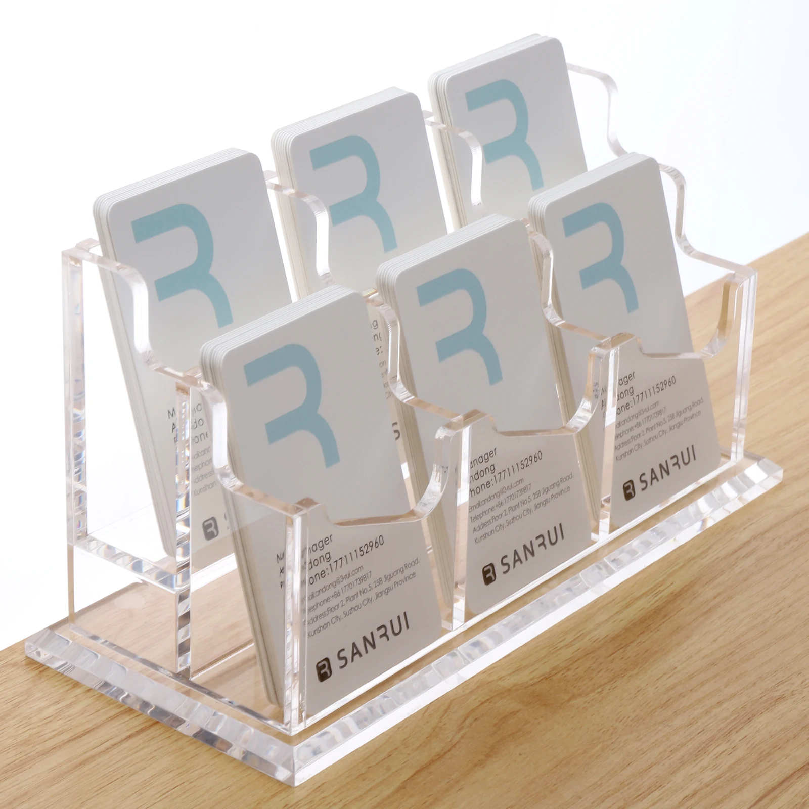 sanrui-business-card-holder-for-desk-vertical-card-display-stand-clear-acrylic-2-tier-6-pocket