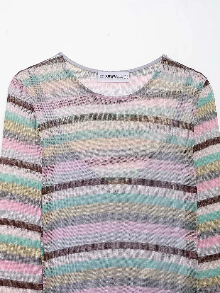 2025 Chic Elegant Fashion Long Sleeved Round Neck Stripe Light And Thin Long Dress Women Summer Evening Party Dresses