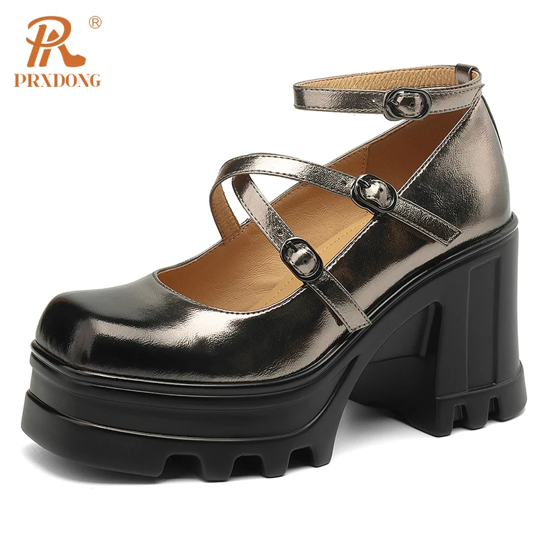

PRXDONG New 2024 Spring Summer Genuine Leather Shoes Woman Pumps Square High Heels Platform Black Beige Dress Party Lady Shoes