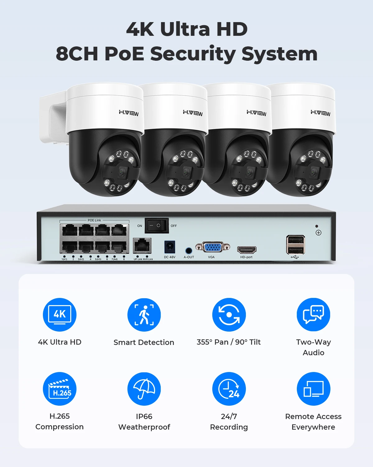 H.view 8Ch 4K 5MP 8MP Cctv Security Camera System Ptz Home Video