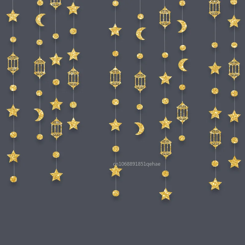 Glitter Paper Gold Star Moon Garlands Streamer Eid Mubarak Hanging Ornaments Ramadan Kareem Decor Banner Muslim Party Supplies