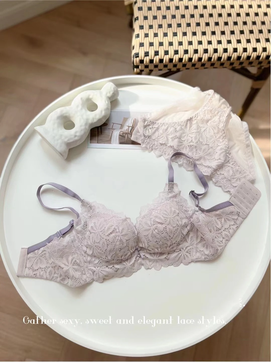 lace underwear set Sweet Water Soluble Lace Underwear Bra Set Comfortable No Underwire Sexy Small Chest Thick Side Deep V Push Up Cotton Intimates french knickers set