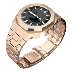 Premium Stainless Steel Casioak Case with Metal Bezel and Rubber Band for GA2100 GAB2100 (Steel RG)