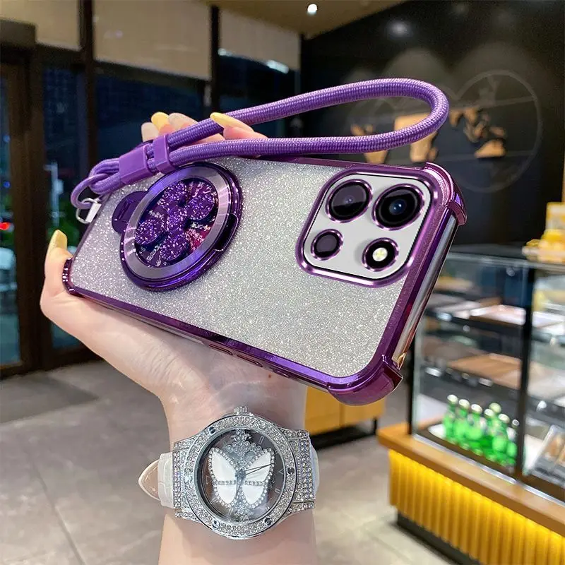 Gradient Glitter Electroplated Phone Case with Hand Strap
