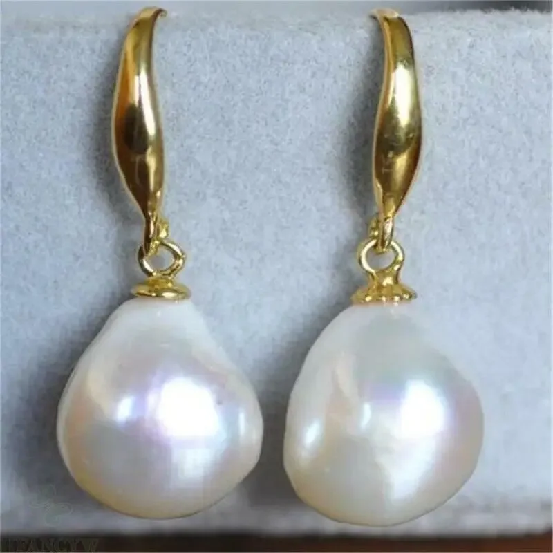 

GENUINE AAA 10 × 12mm South China Sea White Baroque Pearl Earrings 14K Yellow Gold fine jewelryJewelry Making