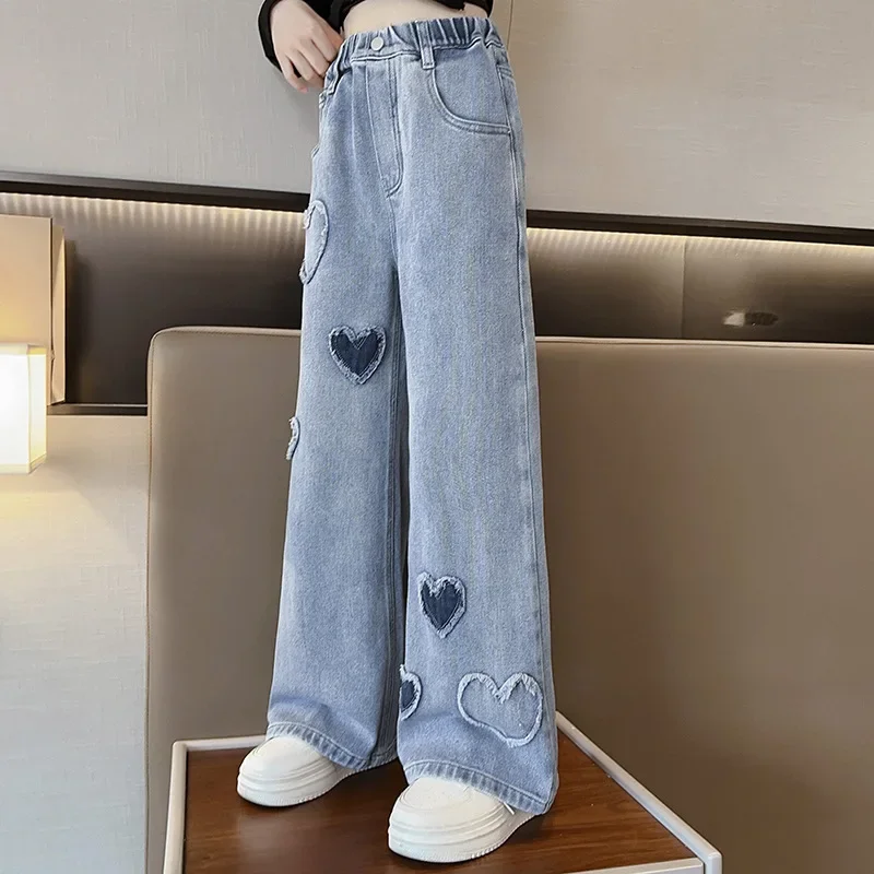 Jeans for Girls Autumn Winter Wide Leg Pants for Kids Blue Heart