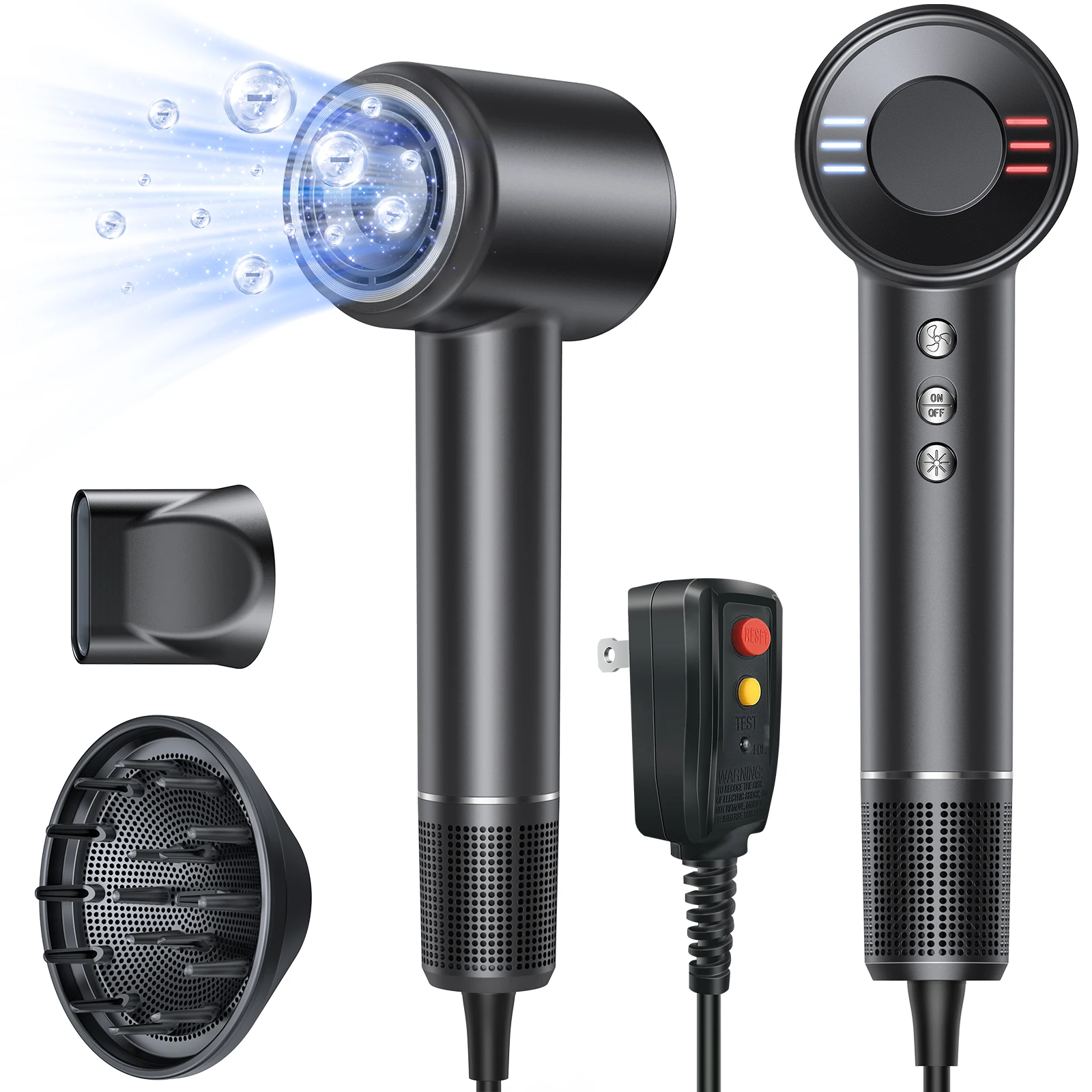 Hair Dryer 120000 RPM High-Speed Brushless Motor Negative Ionic Blow Dryer Fast Drying Thermo-Control with Diffuser and Nozzle