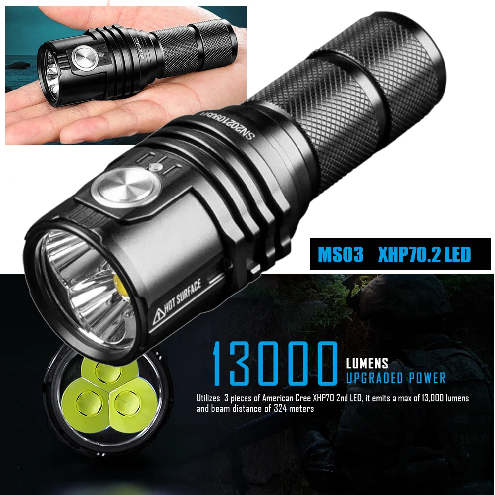 

MS03 Mini Powerful EDC Flashlight 13000 Lumen Cree XHP70.2 LED Handlight Rechargeable Waterproof Torch for Camping Searching