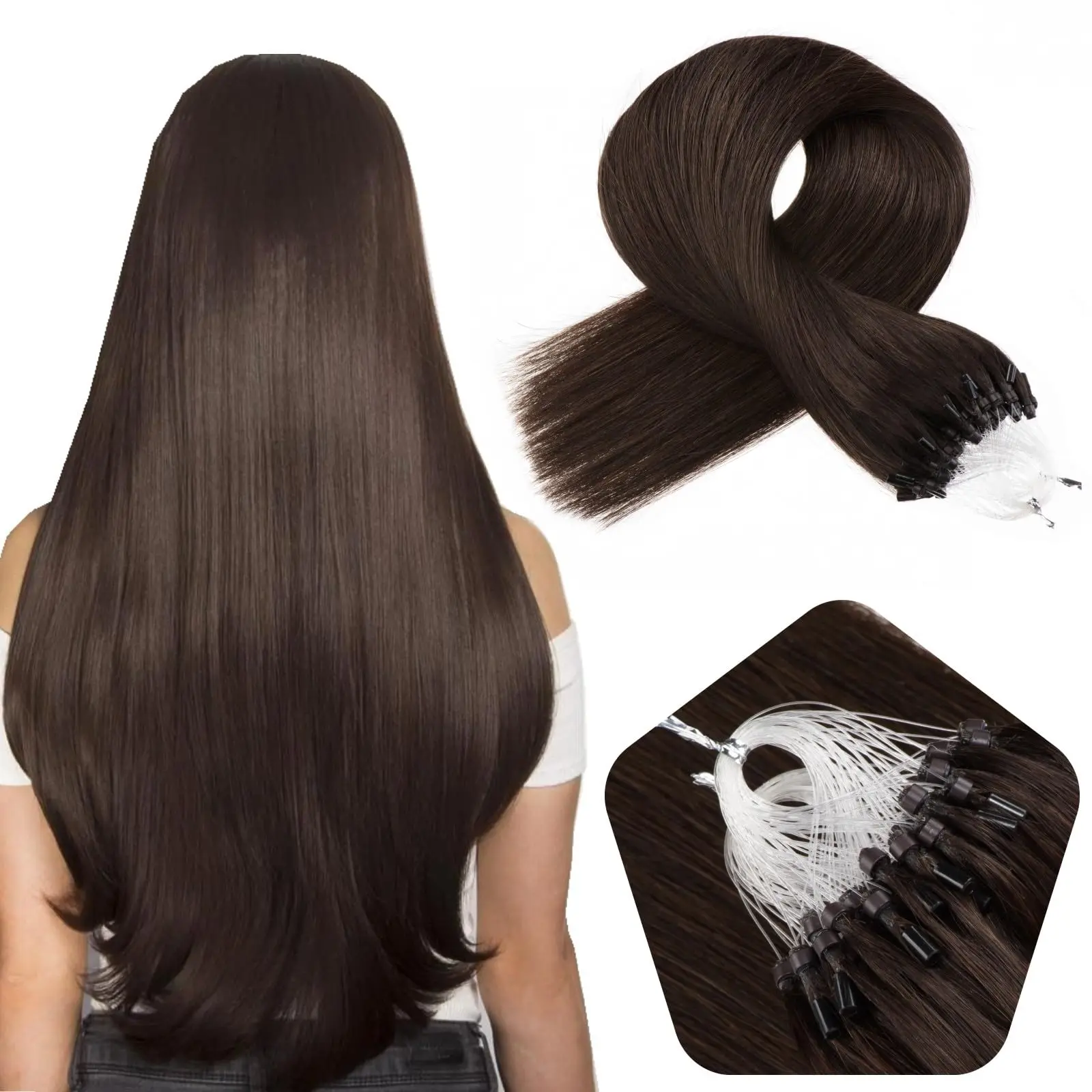 Dark Brown Micro Loop Hair Extensions Real Human Hair 1g/s Micro Ring Extensions 50g Microbead Link