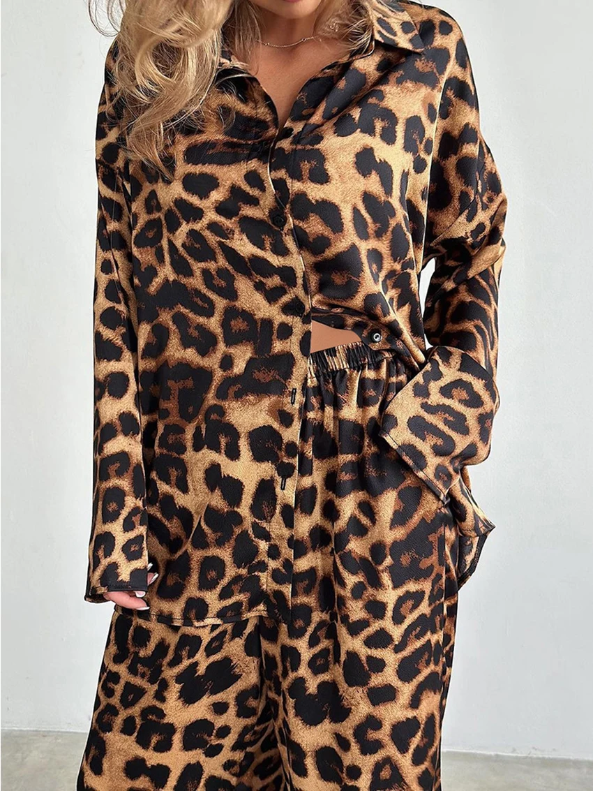 Marthaqiqi Fashion Ladies Sleepwear Set Long Sleeve Nightwear Turn-Down Collar Nightgowns Pants Leopard Print Femme Pajamas Suit