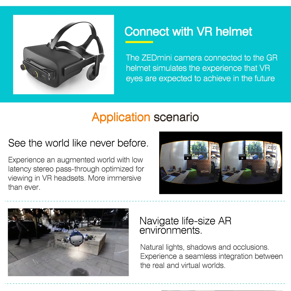 ZED Mini Stereo Camera Built-in 6DoF IMU HD AR/VR Depth Sensing For Augmented Re