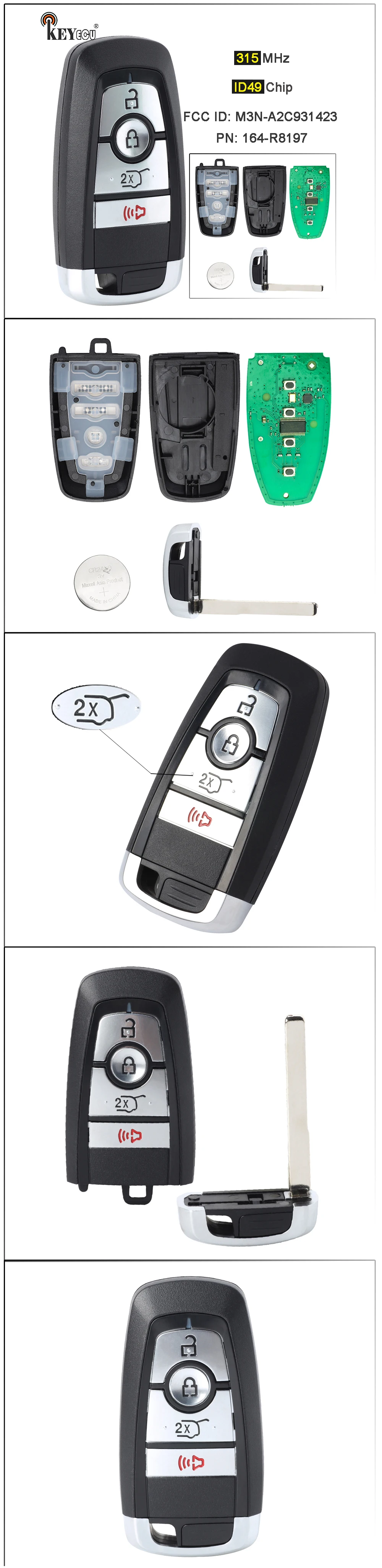 Keyforkess 315MHz ID49 Chip M3N-A2C931423 164-R8197 portachiavi intelligente remoto senza chiave per Ford Edge Explore Expedition Bronco 2018-2022 - Sa702c8c3040540f4ab9f55c35bb2f999n