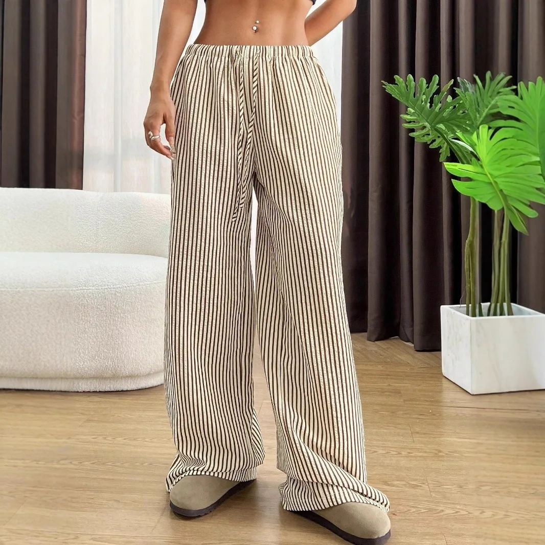 2025, Herbst neue grenzüberschreitende Damenmode, lockerer gestreifter Kordelzug, elastische Taille und Bodenhose aus Europa und Amerika