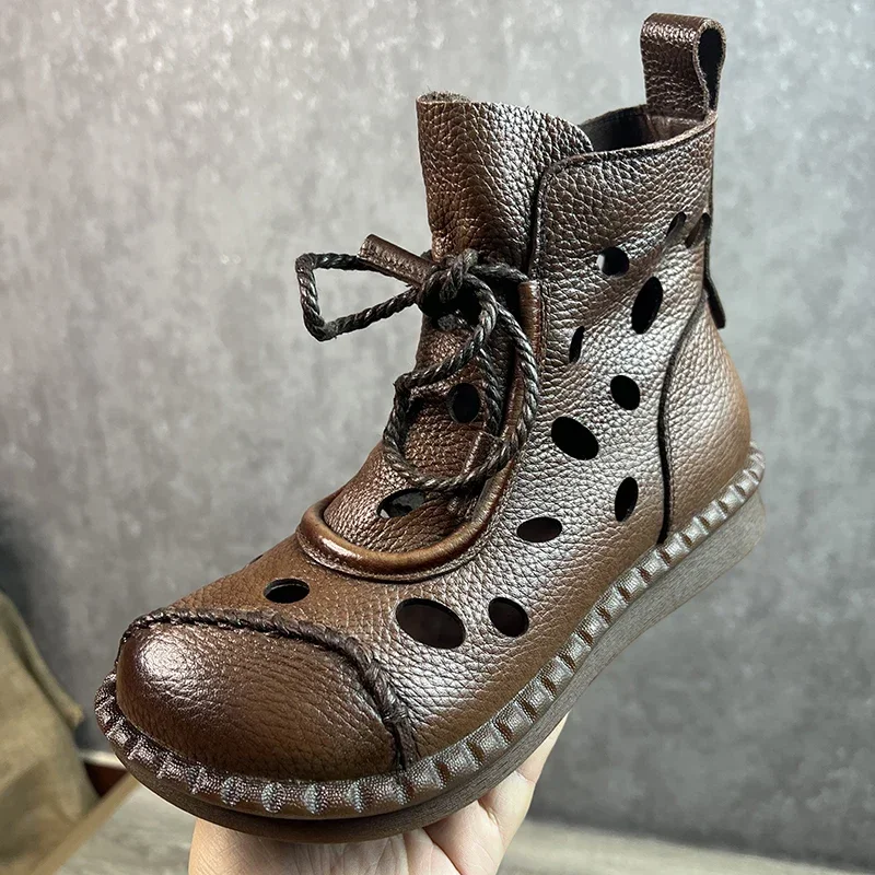 

Birkuir Retro Genuine Leather Ankle Boots For Women Handmade Hollow Out Zippers Platform Shoes Lace Up Luxury Casual Short Boots